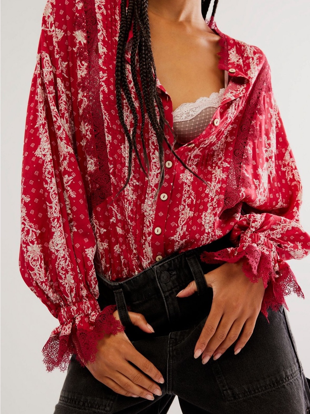 Free People Red Floral Lace-Trim Button Front Blouse